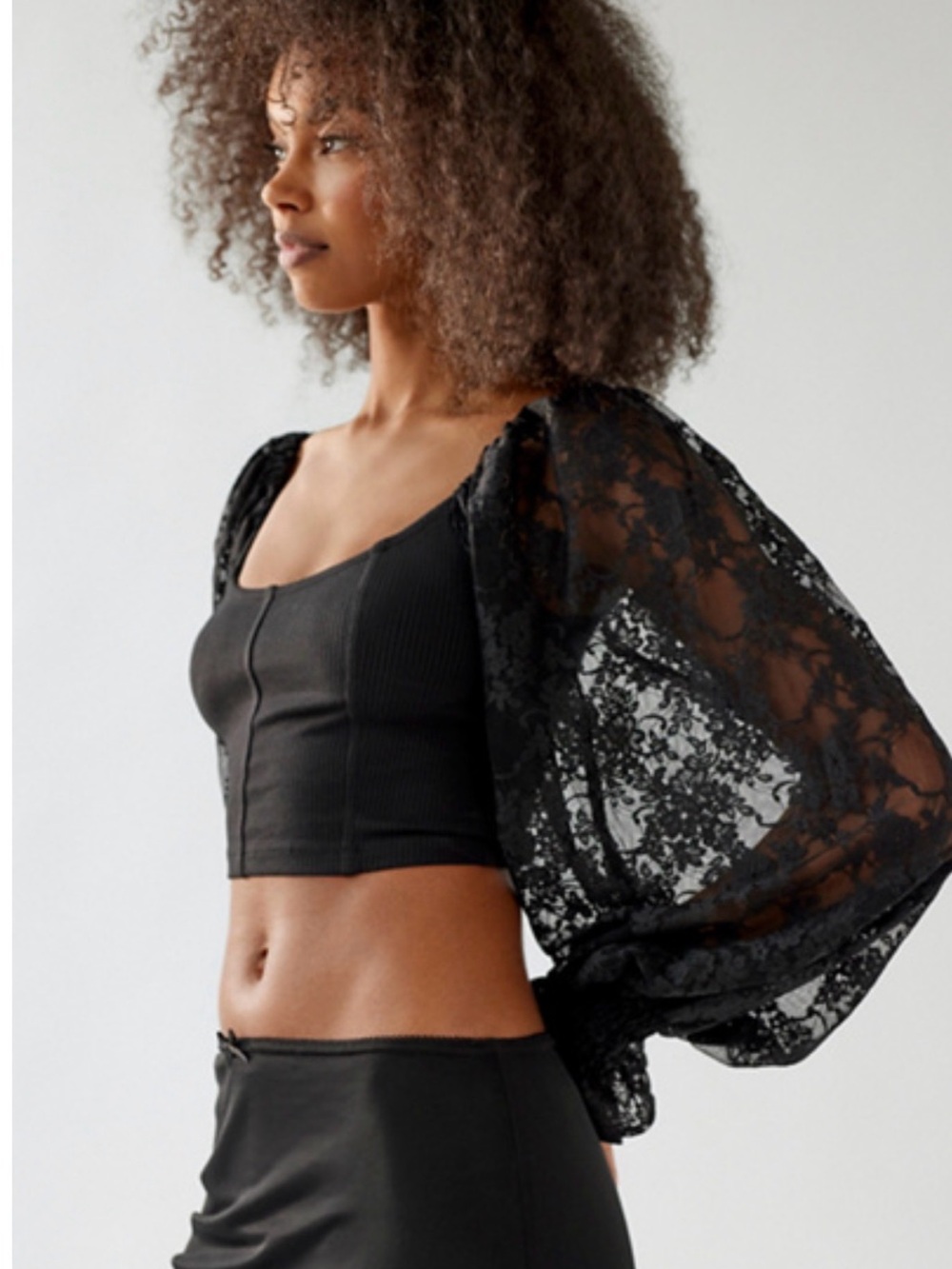 Urban Outfitters Black Lace Sleeve Bandeau Crop Top